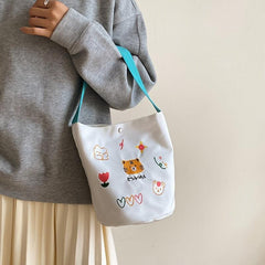 Cartoon Animal Embroidery Canvas Bucket Bag