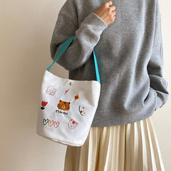 Cartoon Animal Embroidery Canvas Bucket Bag
