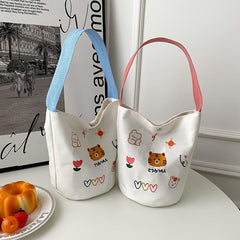 Cartoon Animal Embroidery Canvas Bucket Bag