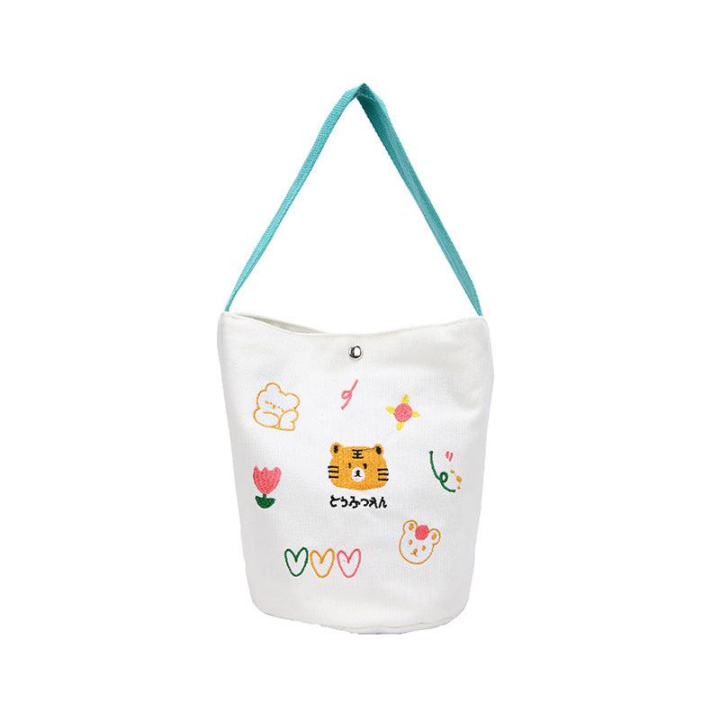 Cartoon Animal Embroidery Canvas Bucket Bag