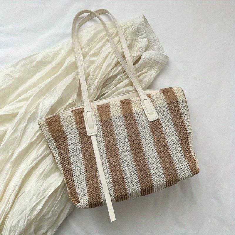 Summer Stripes Woven Straw Bag Contrast Beach Bag Large Capacity