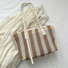 Summer Stripes Woven Straw Bag Contrast Beach Bag Large Capacity