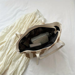 Summer Stripes Woven Straw Bag Contrast Beach Bag Large Capacity