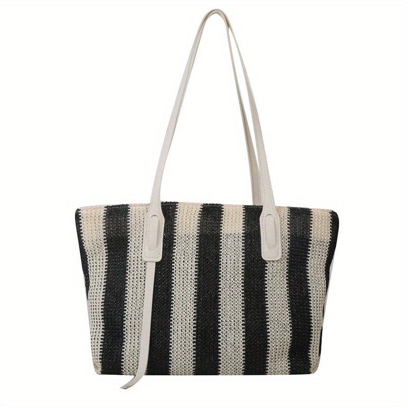 Summer Stripes Woven Straw Bag Contrast Beach Bag Large Capacity