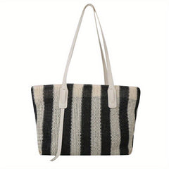 Summer Stripes Woven Straw Bag Contrast Beach Bag Large Capacity