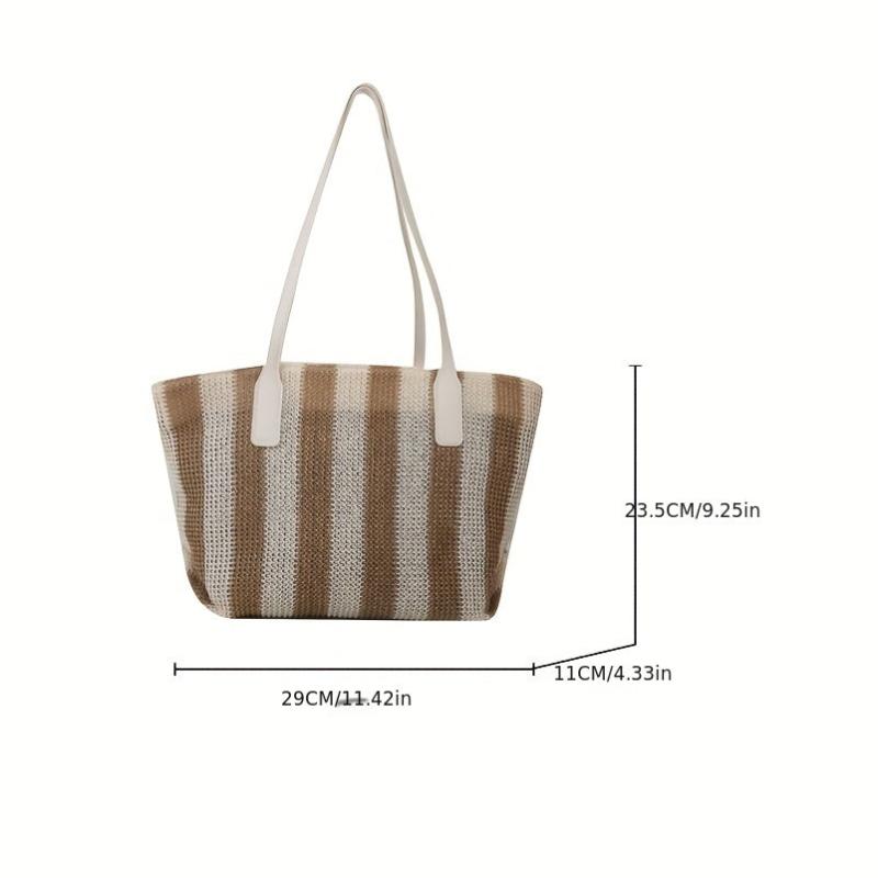 Summer Stripes Woven Straw Bag Contrast Beach Bag Large Capacity