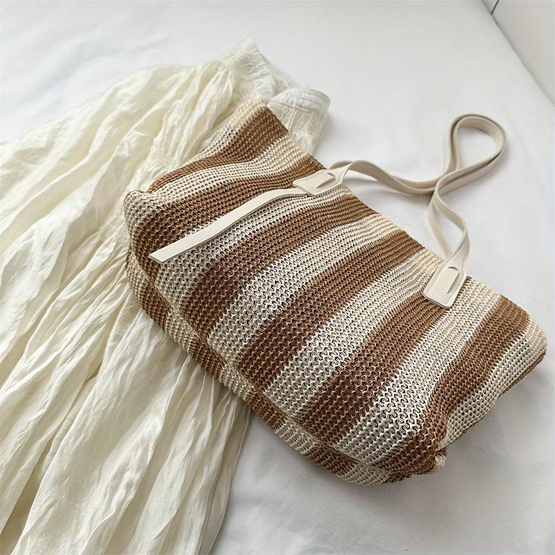 Summer Stripes Woven Straw Bag Contrast Beach Bag Large Capacity