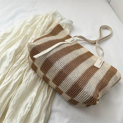 Summer Stripes Woven Straw Bag Contrast Beach Bag Large Capacity