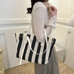 Summer Stripes Woven Straw Bag Contrast Beach Bag Large Capacity