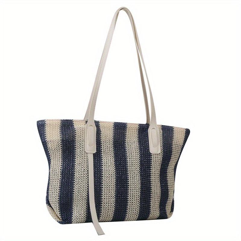 Summer Stripes Woven Straw Bag Contrast Beach Bag Large Capacity