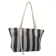 Summer Stripes Woven Straw Bag Contrast Beach Bag Large Capacity