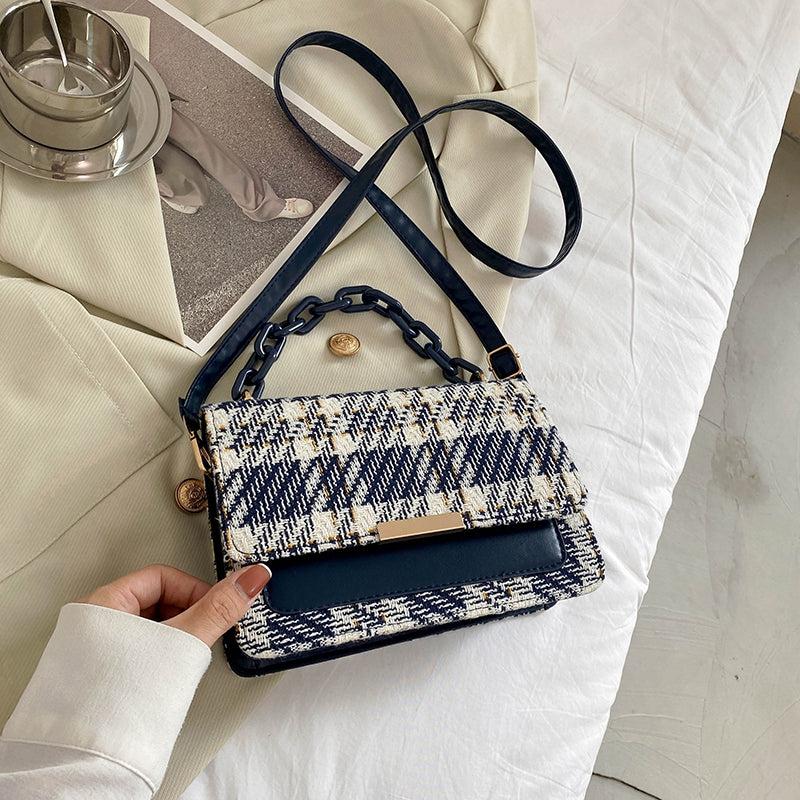 Tweed Flap Bag Plaid Pattern Chain Square Bag
