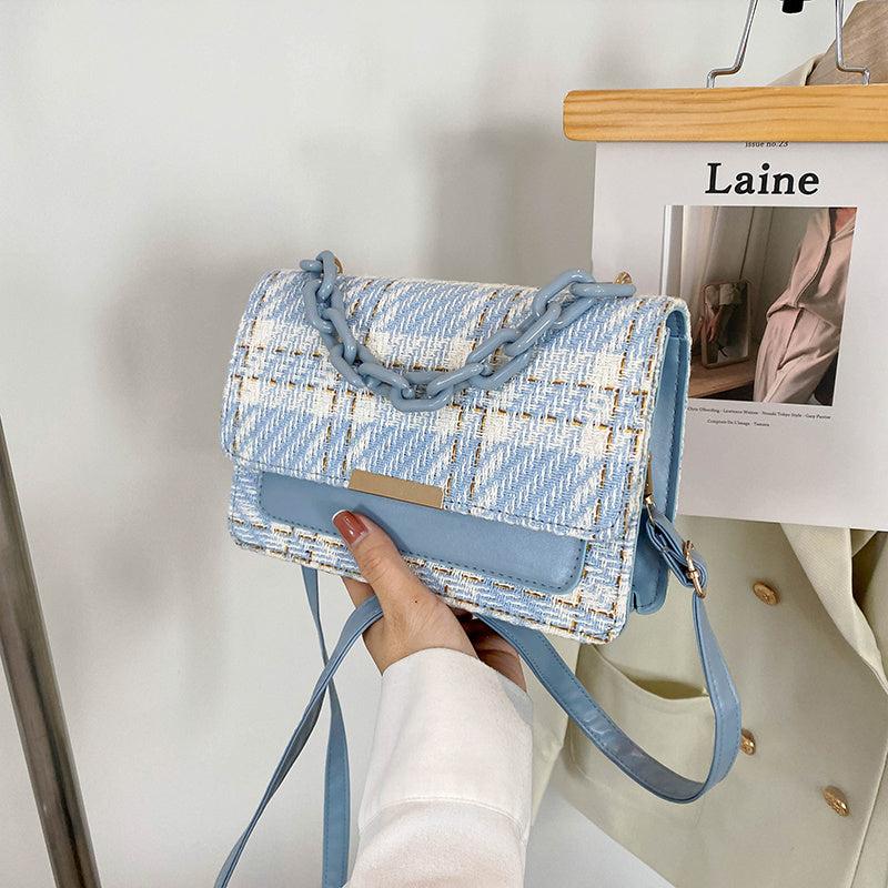 Tweed Flap Bag Plaid Pattern Chain Square Bag