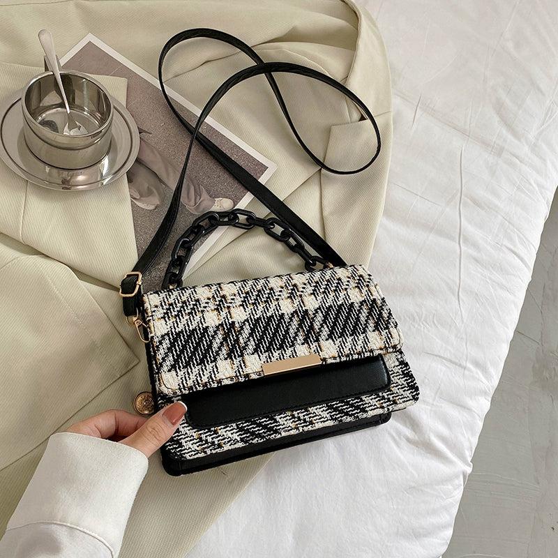 Tweed Flap Bag Plaid Pattern Chain Square Bag