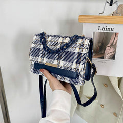 Tweed Flap Bag Plaid Pattern Chain Square Bag
