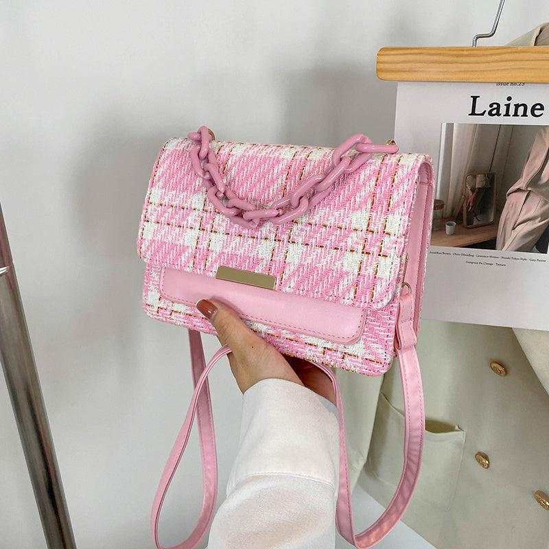 Tweed Flap Bag Plaid Pattern Chain Square Bag