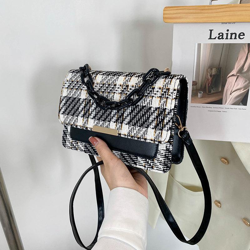 Tweed Flap Bag Plaid Pattern Chain Square Bag