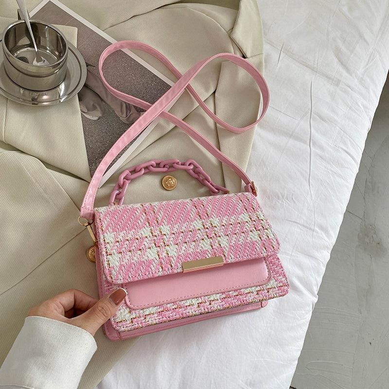 Tweed Flap Bag Plaid Pattern Chain Square Bag