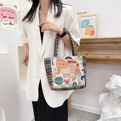 Animal Embroidery Tote Bag Canvas Handbag Zipper Satchel Purse