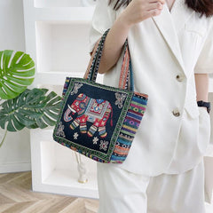 Animal Embroidery Tote Bag Canvas Handbag Zipper Satchel Purse