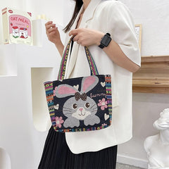 Animal Embroidery Tote Bag Canvas Handbag Zipper Satchel Purse