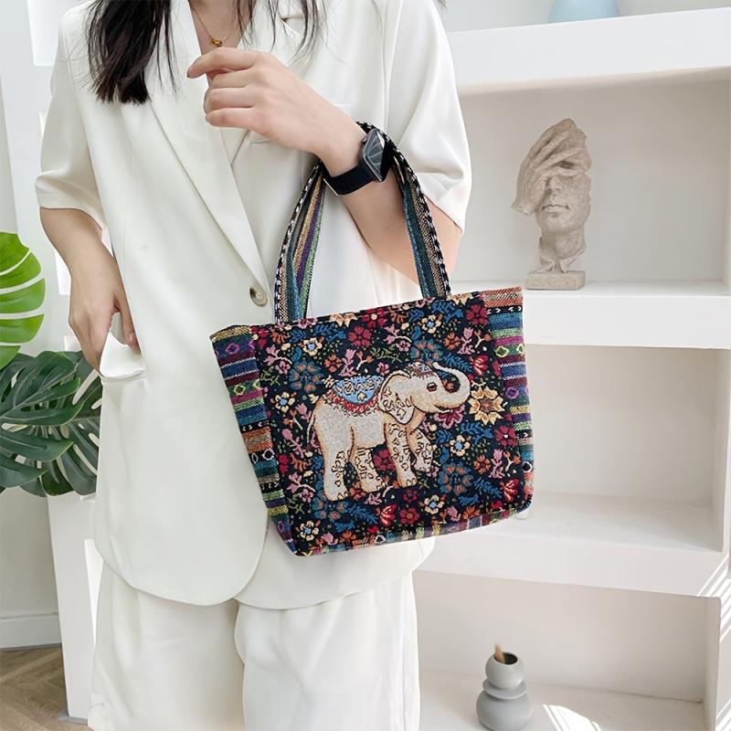Animal Embroidery Tote Bag Canvas Handbag Zipper Satchel Purse