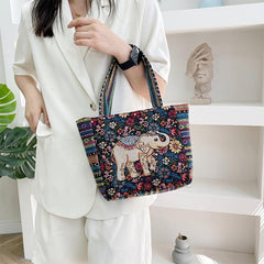 Animal Embroidery Tote Bag Canvas Handbag Zipper Satchel Purse