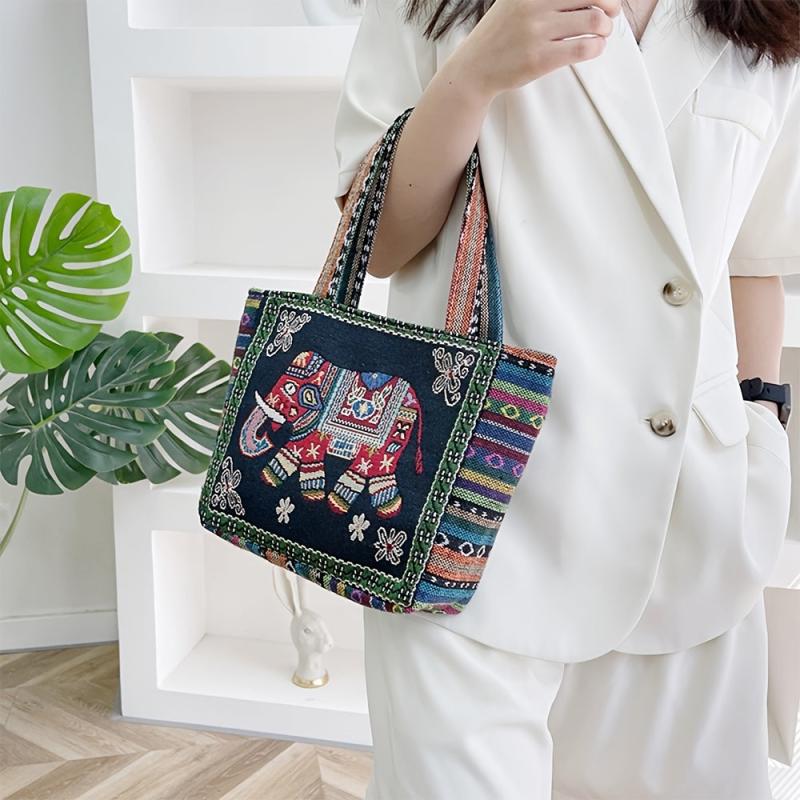 Animal Embroidery Tote Bag Canvas Handbag Zipper Satchel Purse