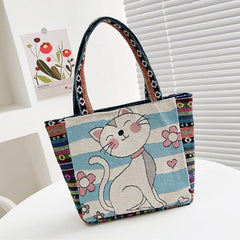 Animal Embroidery Tote Bag Canvas Handbag Zipper Satchel Purse