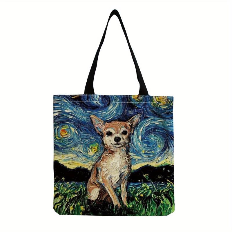 Vintage Dog Painting Pattern Canvas Bag Lightweight Shopping Grocery Handbag