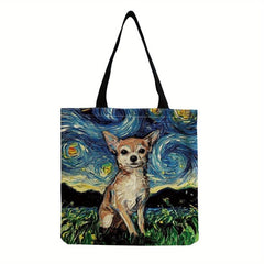 Vintage Dog Painting Pattern Canvas Bag Lightweight Shopping Grocery Handbag
