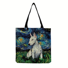 Vintage Dog Painting Pattern Canvas Bag Lightweight Shopping Grocery Handbag