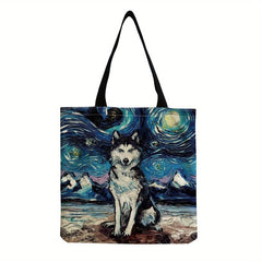 Vintage Dog Painting Pattern Canvas Bag Lightweight Shopping Grocery Handbag