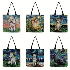 Vintage Dog Painting Pattern Canvas Bag Lightweight Shopping Grocery Handbag
