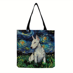 Vintage Dog Painting Pattern Canvas Bag Lightweight Shopping Grocery Handbag