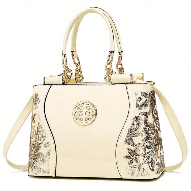 Sequin Embroidery Shoulder Bag with Adjustable Strap
