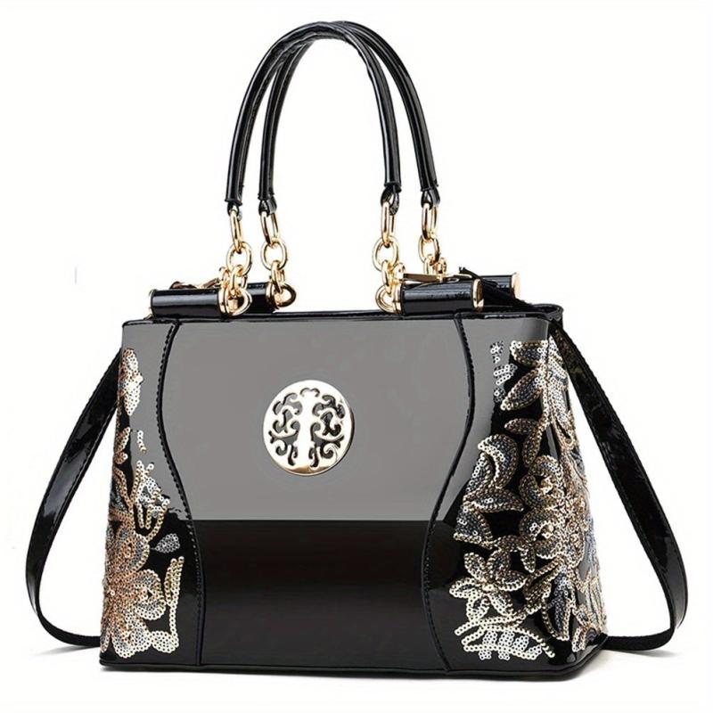 Sequin Embroidery Shoulder Bag with Adjustable Strap