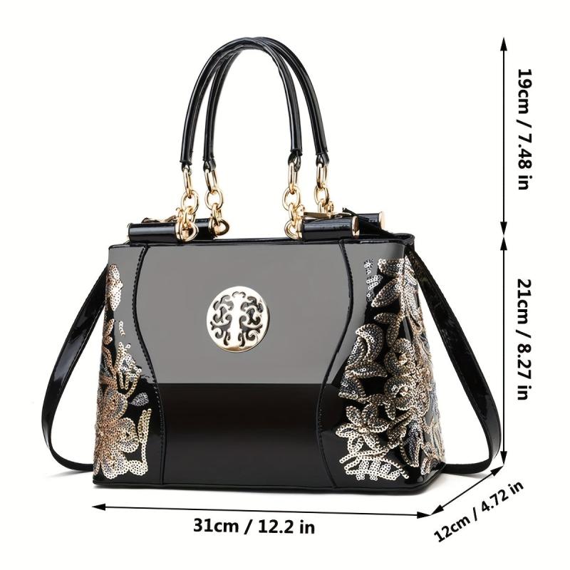 Sequin Embroidery Shoulder Bag with Adjustable Strap
