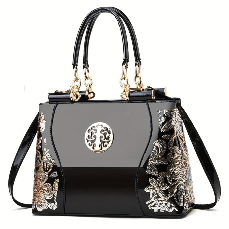 Sequin Embroidery Shoulder Bag with Adjustable Strap