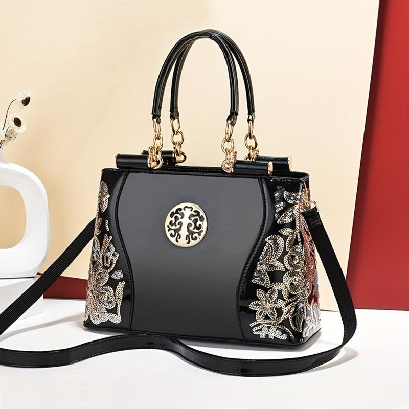 Sequin Embroidery Shoulder Bag with Adjustable Strap