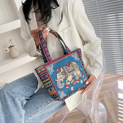 Embroidered Canvas Tote Bag with Geometric Pattern Strap