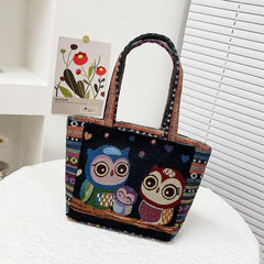 Embroidered Canvas Tote Bag with Geometric Pattern Strap