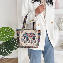 Embroidered Canvas Tote Bag with Geometric Pattern Strap