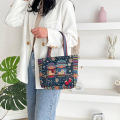 Embroidered Canvas Tote Bag with Geometric Pattern Strap
