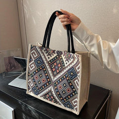 Ethnic Style Canvas Tote Bag Geometric Pattern Shoulder Bag