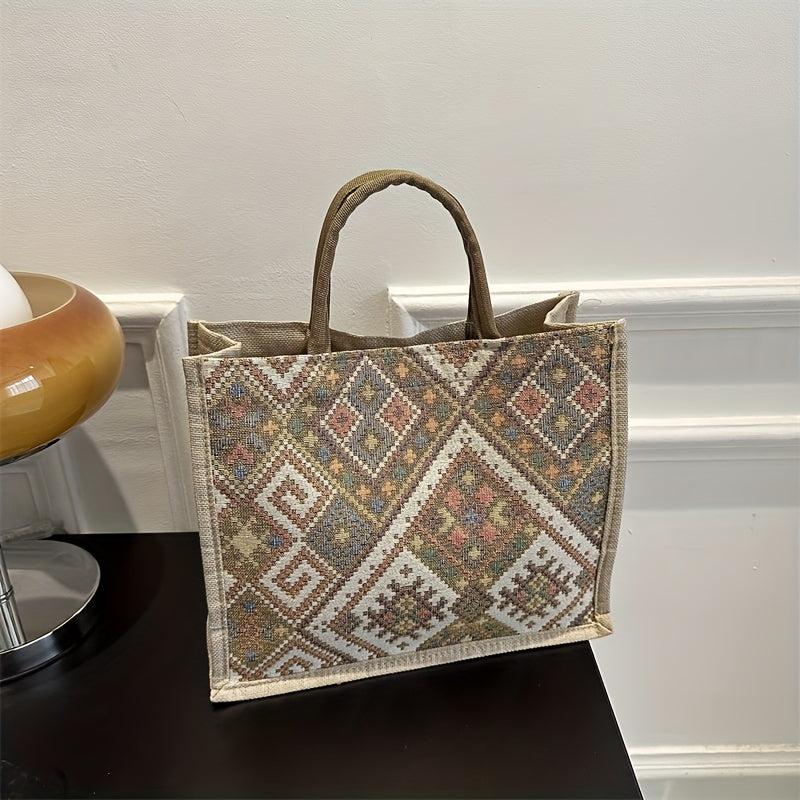 Ethnic Style Canvas Tote Bag Geometric Pattern Shoulder Bag