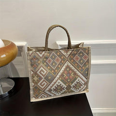 Ethnic Style Canvas Tote Bag Geometric Pattern Shoulder Bag