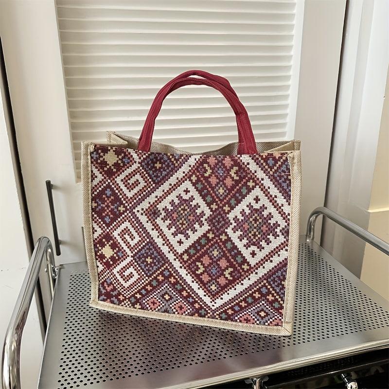 Ethnic Style Canvas Tote Bag Geometric Pattern Shoulder Bag