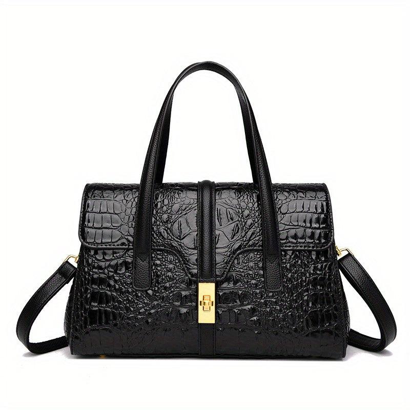 Crocodile Embossed Handbag Turn Lock Satchel Bag Faux Leather Shoulder Bag