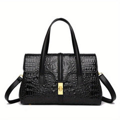 Crocodile Embossed Handbag Turn Lock Satchel Bag Faux Leather Shoulder Bag